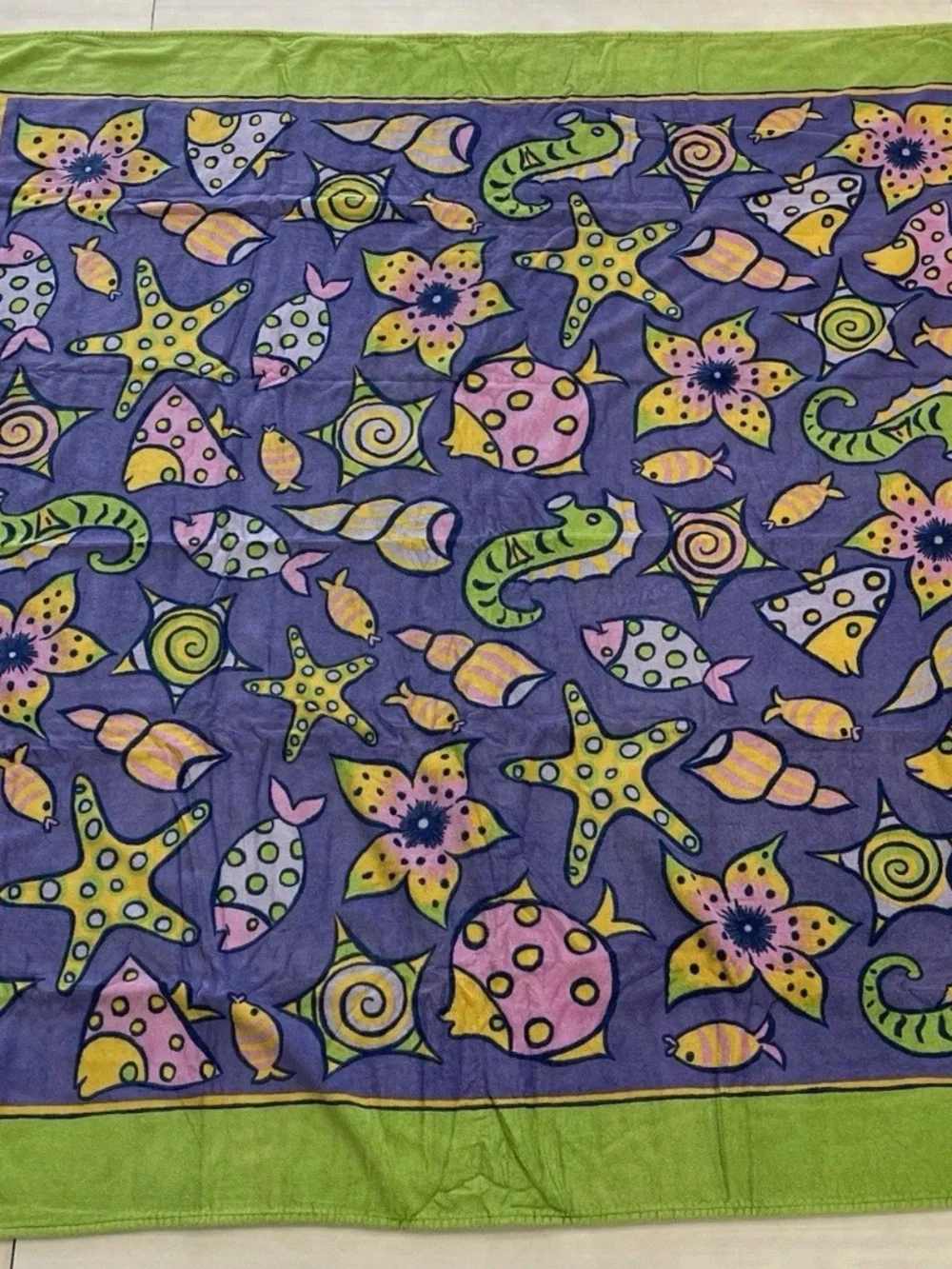 VGT Terrisol Giant Beach Towel Blanket Nautical Fish Purple Green 66” x 66” HTF